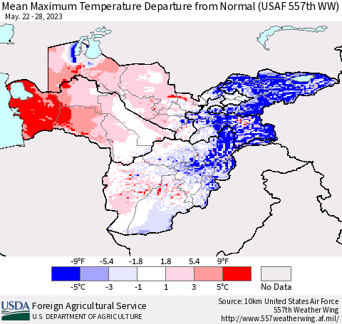 Central Asia Mean Maximum Temperature Departure from Normal (USAF 557th WW) Thematic Map For 5/22/2023 - 5/28/2023