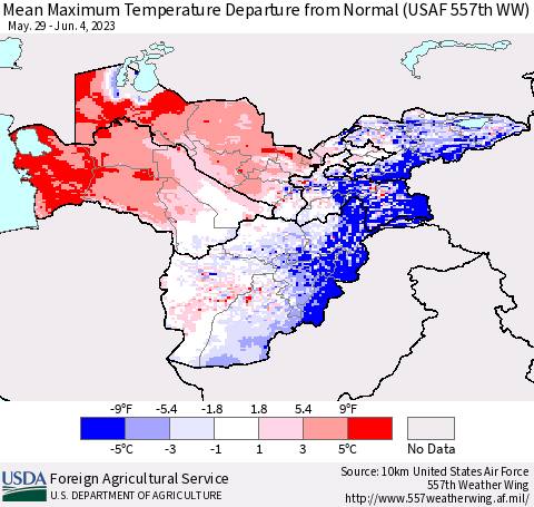 Central Asia Mean Maximum Temperature Departure from Normal (USAF 557th WW) Thematic Map For 5/29/2023 - 6/4/2023