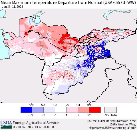 Central Asia Mean Maximum Temperature Departure from Normal (USAF 557th WW) Thematic Map For 6/5/2023 - 6/11/2023