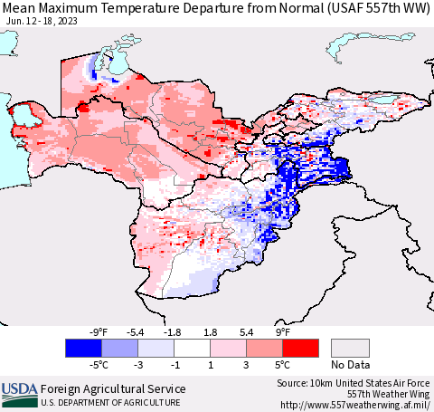 Central Asia Mean Maximum Temperature Departure from Normal (USAF 557th WW) Thematic Map For 6/12/2023 - 6/18/2023