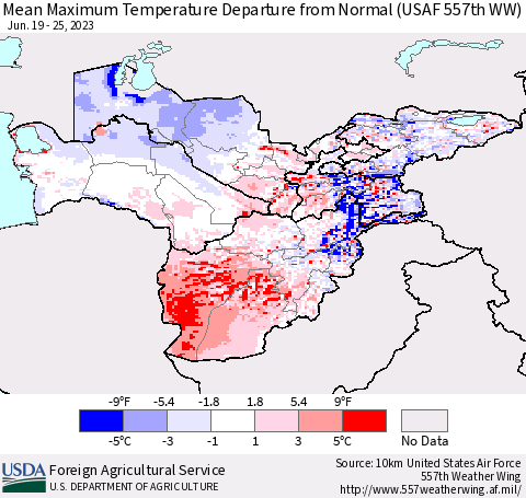 Central Asia Mean Maximum Temperature Departure from Normal (USAF 557th WW) Thematic Map For 6/19/2023 - 6/25/2023