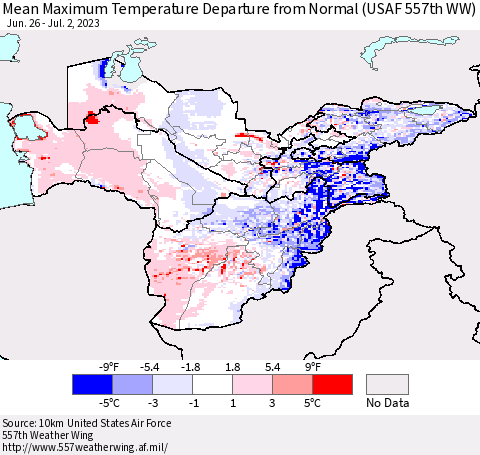 Central Asia Mean Maximum Temperature Departure from Normal (USAF 557th WW) Thematic Map For 6/26/2023 - 7/2/2023