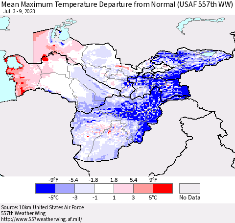 Central Asia Mean Maximum Temperature Departure from Normal (USAF 557th WW) Thematic Map For 7/3/2023 - 7/9/2023
