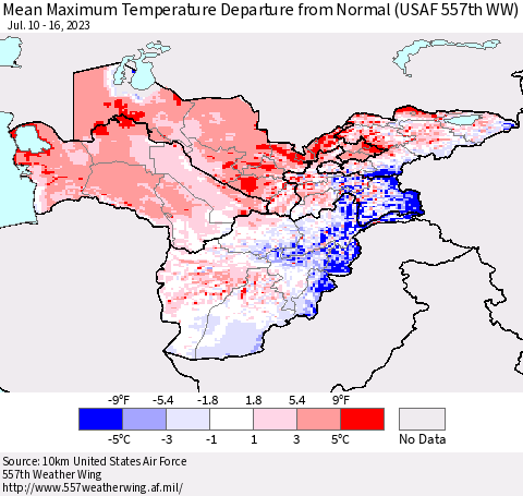 Central Asia Mean Maximum Temperature Departure from Normal (USAF 557th WW) Thematic Map For 7/10/2023 - 7/16/2023