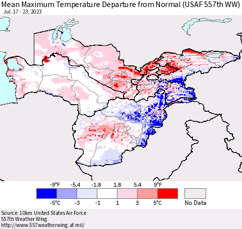 Central Asia Mean Maximum Temperature Departure from Normal (USAF 557th WW) Thematic Map For 7/17/2023 - 7/23/2023