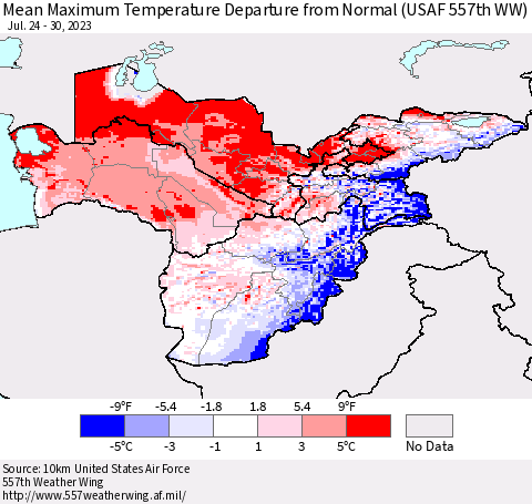Central Asia Mean Maximum Temperature Departure from Normal (USAF 557th WW) Thematic Map For 7/24/2023 - 7/30/2023