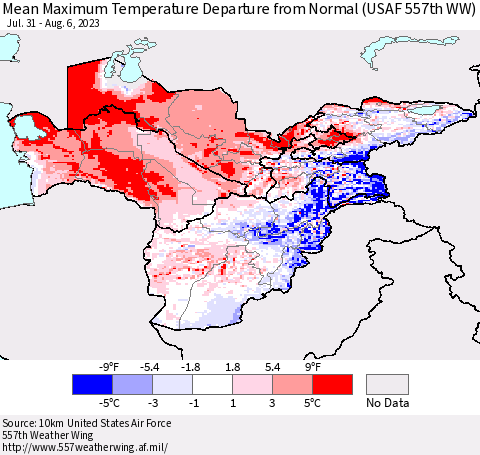 Central Asia Mean Maximum Temperature Departure from Normal (USAF 557th WW) Thematic Map For 7/31/2023 - 8/6/2023