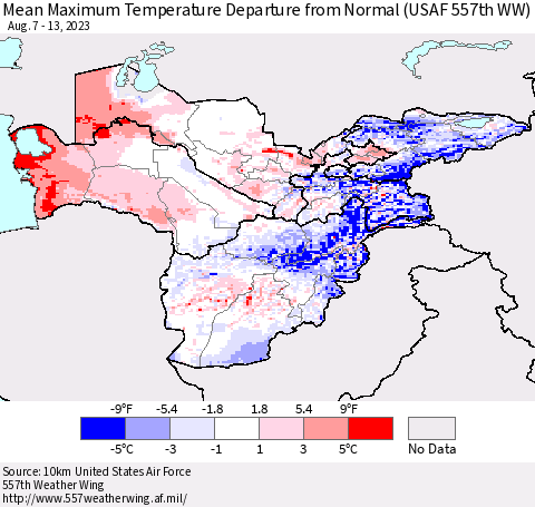 Central Asia Mean Maximum Temperature Departure from Normal (USAF 557th WW) Thematic Map For 8/7/2023 - 8/13/2023
