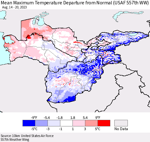 Central Asia Mean Maximum Temperature Departure from Normal (USAF 557th WW) Thematic Map For 8/14/2023 - 8/20/2023