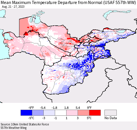 Central Asia Mean Maximum Temperature Departure from Normal (USAF 557th WW) Thematic Map For 8/21/2023 - 8/27/2023