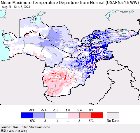 Central Asia Mean Maximum Temperature Departure from Normal (USAF 557th WW) Thematic Map For 8/28/2023 - 9/3/2023