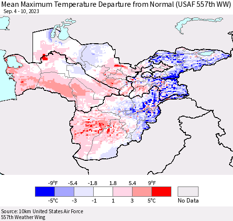 Central Asia Mean Maximum Temperature Departure from Normal (USAF 557th WW) Thematic Map For 9/4/2023 - 9/10/2023