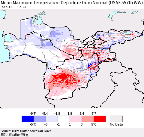 Central Asia Mean Maximum Temperature Departure from Normal (USAF 557th WW) Thematic Map For 9/11/2023 - 9/17/2023