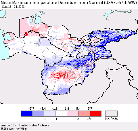 Central Asia Mean Maximum Temperature Departure from Normal (USAF 557th WW) Thematic Map For 9/18/2023 - 9/24/2023