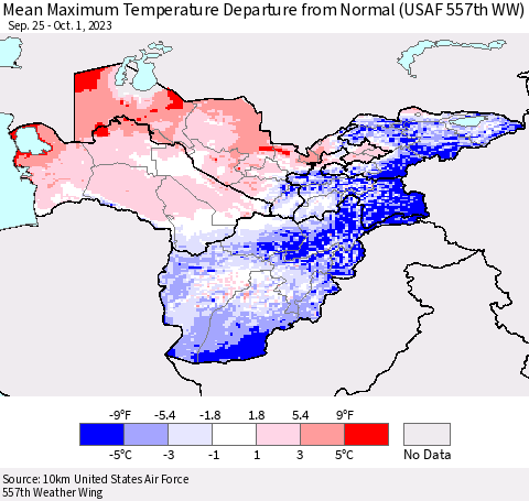 Central Asia Mean Maximum Temperature Departure from Normal (USAF 557th WW) Thematic Map For 9/25/2023 - 10/1/2023