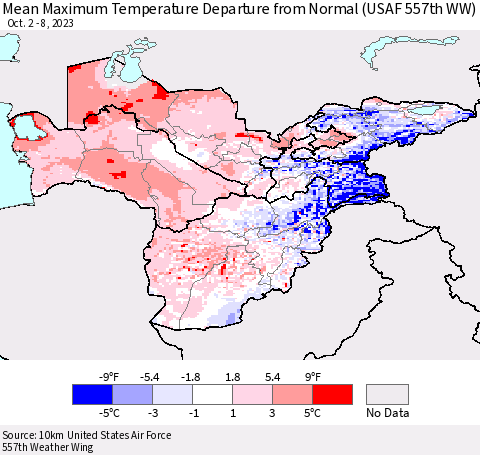 Central Asia Mean Maximum Temperature Departure from Normal (USAF 557th WW) Thematic Map For 10/2/2023 - 10/8/2023