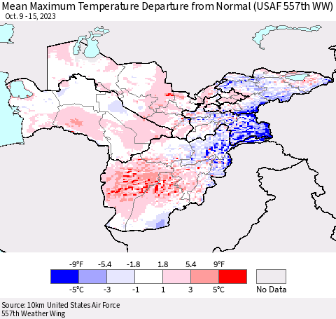 Central Asia Mean Maximum Temperature Departure from Normal (USAF 557th WW) Thematic Map For 10/9/2023 - 10/15/2023