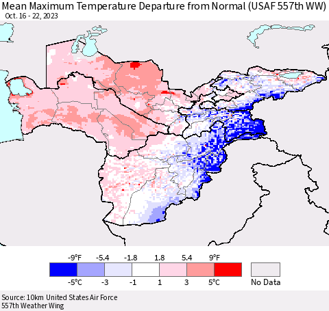 Central Asia Mean Maximum Temperature Departure from Normal (USAF 557th WW) Thematic Map For 10/16/2023 - 10/22/2023
