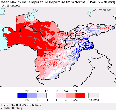 Central Asia Mean Maximum Temperature Departure from Normal (USAF 557th WW) Thematic Map For 10/23/2023 - 10/29/2023