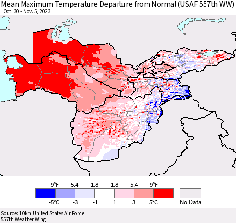 Central Asia Mean Maximum Temperature Departure from Normal (USAF 557th WW) Thematic Map For 10/30/2023 - 11/5/2023
