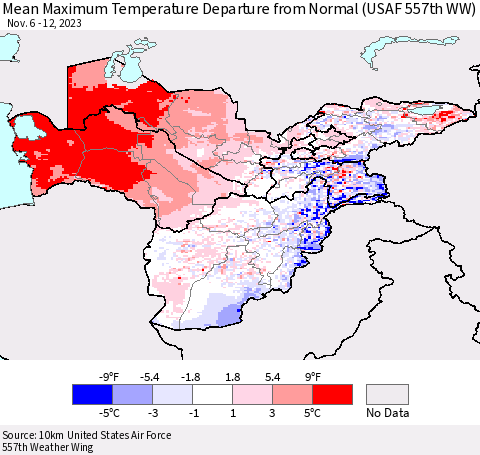 Central Asia Mean Maximum Temperature Departure from Normal (USAF 557th WW) Thematic Map For 11/6/2023 - 11/12/2023