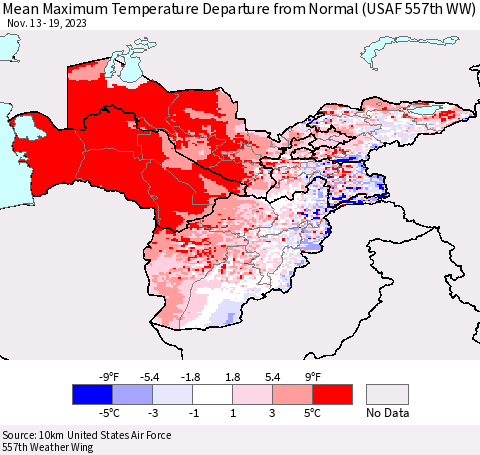 Central Asia Mean Maximum Temperature Departure from Normal (USAF 557th WW) Thematic Map For 11/13/2023 - 11/19/2023