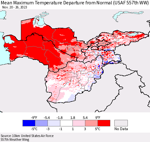 Central Asia Mean Maximum Temperature Departure from Normal (USAF 557th WW) Thematic Map For 11/20/2023 - 11/26/2023