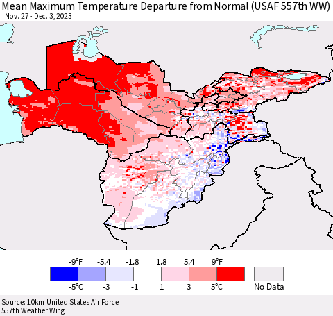 Central Asia Mean Maximum Temperature Departure from Normal (USAF 557th WW) Thematic Map For 11/27/2023 - 12/3/2023