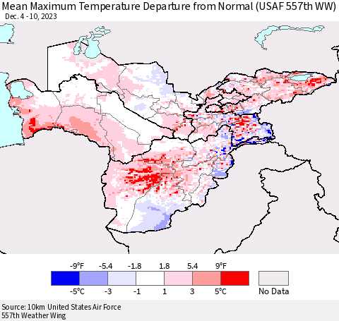 Central Asia Mean Maximum Temperature Departure from Normal (USAF 557th WW) Thematic Map For 12/4/2023 - 12/10/2023
