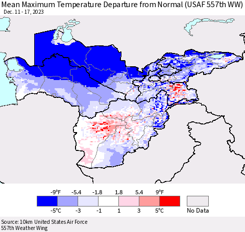 Central Asia Mean Maximum Temperature Departure from Normal (USAF 557th WW) Thematic Map For 12/11/2023 - 12/17/2023