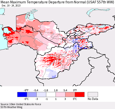 Central Asia Mean Maximum Temperature Departure from Normal (USAF 557th WW) Thematic Map For 12/18/2023 - 12/24/2023