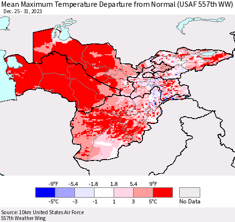 Central Asia Mean Maximum Temperature Departure from Normal (USAF 557th WW) Thematic Map For 12/25/2023 - 12/31/2023