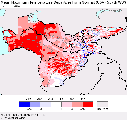 Central Asia Mean Maximum Temperature Departure from Normal (USAF 557th WW) Thematic Map For 1/1/2024 - 1/7/2024