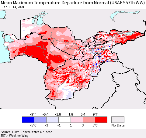 Central Asia Mean Maximum Temperature Departure from Normal (USAF 557th WW) Thematic Map For 1/8/2024 - 1/14/2024