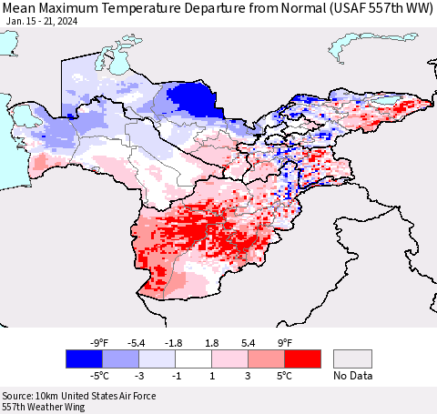 Central Asia Mean Maximum Temperature Departure from Normal (USAF 557th WW) Thematic Map For 1/15/2024 - 1/21/2024