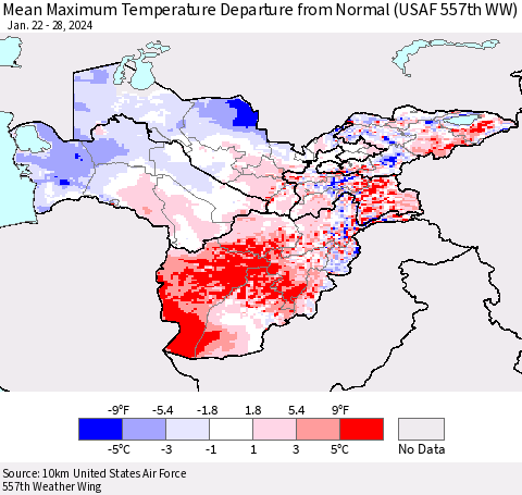 Central Asia Mean Maximum Temperature Departure from Normal (USAF 557th WW) Thematic Map For 1/22/2024 - 1/28/2024
