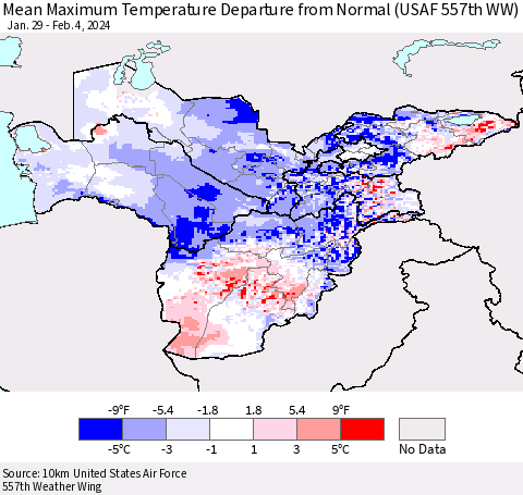 Central Asia Mean Maximum Temperature Departure from Normal (USAF 557th WW) Thematic Map For 1/29/2024 - 2/4/2024