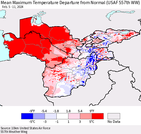 Central Asia Mean Maximum Temperature Departure from Normal (USAF 557th WW) Thematic Map For 2/5/2024 - 2/11/2024
