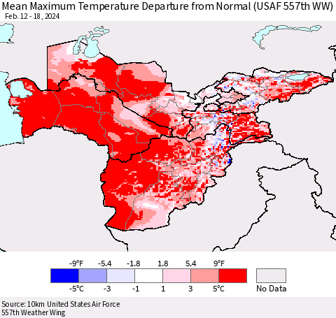 Central Asia Mean Maximum Temperature Departure from Normal (USAF 557th WW) Thematic Map For 2/12/2024 - 2/18/2024