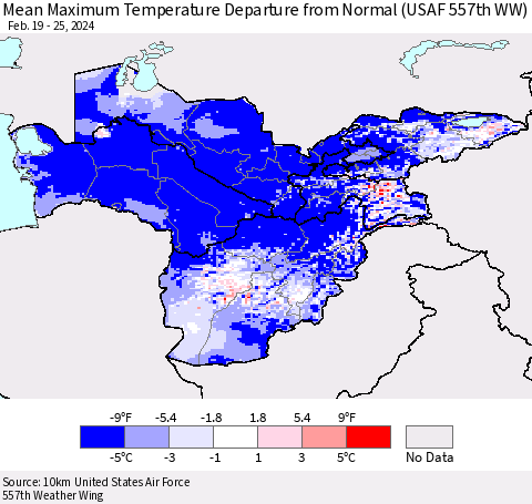 Central Asia Mean Maximum Temperature Departure from Normal (USAF 557th WW) Thematic Map For 2/19/2024 - 2/25/2024
