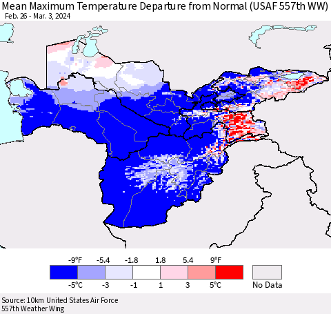 Central Asia Mean Maximum Temperature Departure from Normal (USAF 557th WW) Thematic Map For 2/26/2024 - 3/3/2024