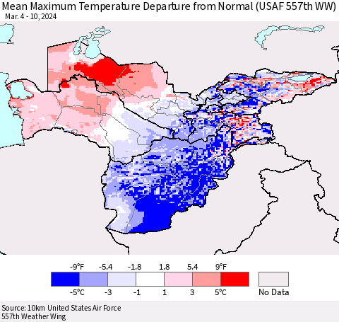 Central Asia Mean Maximum Temperature Departure from Normal (USAF 557th WW) Thematic Map For 3/4/2024 - 3/10/2024