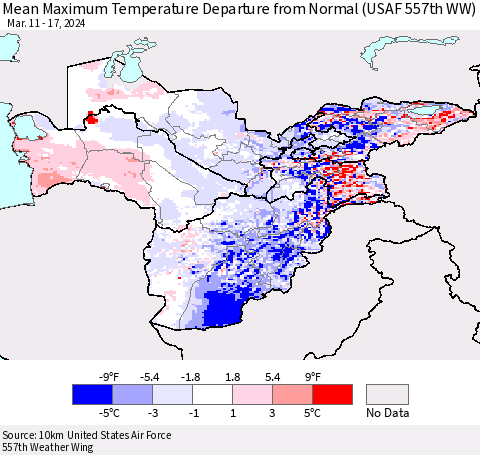 Central Asia Mean Maximum Temperature Departure from Normal (USAF 557th WW) Thematic Map For 3/11/2024 - 3/17/2024