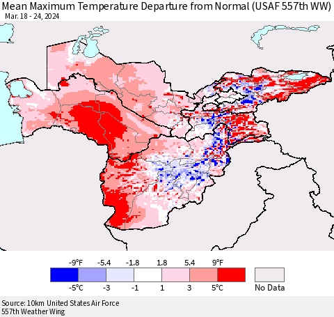 Central Asia Mean Maximum Temperature Departure from Normal (USAF 557th WW) Thematic Map For 3/18/2024 - 3/24/2024