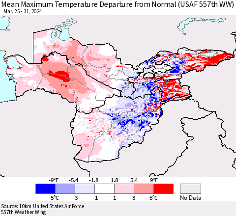 Central Asia Mean Maximum Temperature Departure from Normal (USAF 557th WW) Thematic Map For 3/25/2024 - 3/31/2024