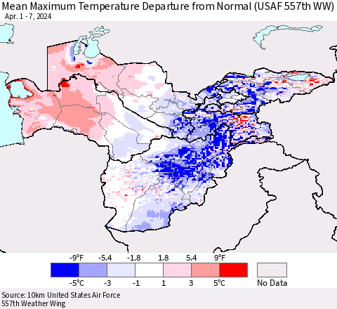 Central Asia Mean Maximum Temperature Departure from Normal (USAF 557th WW) Thematic Map For 4/1/2024 - 4/7/2024
