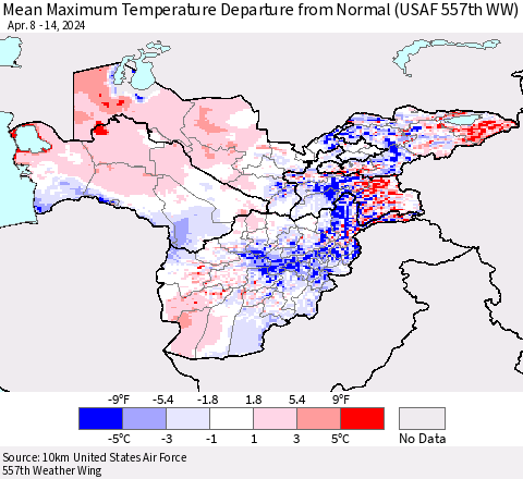 Central Asia Mean Maximum Temperature Departure from Normal (USAF 557th WW) Thematic Map For 4/8/2024 - 4/14/2024