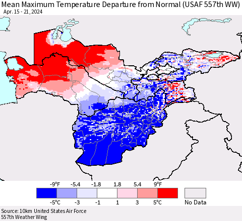 Central Asia Mean Maximum Temperature Departure from Normal (USAF 557th WW) Thematic Map For 4/15/2024 - 4/21/2024