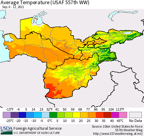 Central Asia Average Temperature (USAF 557th WW) Thematic Map For 9/6/2021 - 9/12/2021