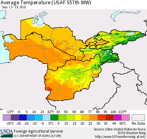 Central Asia Average Temperature (USAF 557th WW) Thematic Map For 9/13/2021 - 9/19/2021